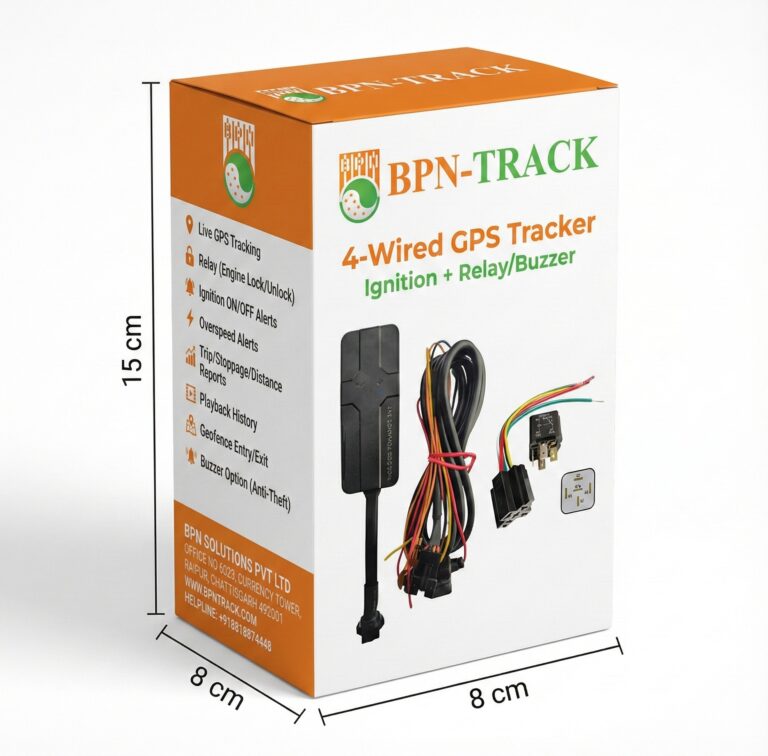 Lifetime Validity (Internet Pack+Sim+Software) | BPN-TRACK 4G Universal 4-Wired GPS Tracker with Ignition, Relay & Buzzer for Cars, Trucks, JCB & Commercial Vehicles