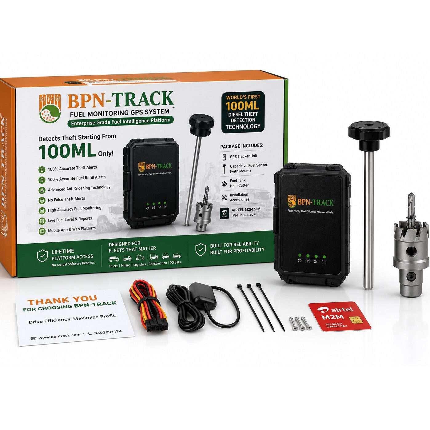 BPN-TRACK Enterprise Fuel Monitoring GPS Kit with GPS Tracker, 100ML Diesel Theft Detection Sensor, Airtel M2M SIM and Installation Accessories